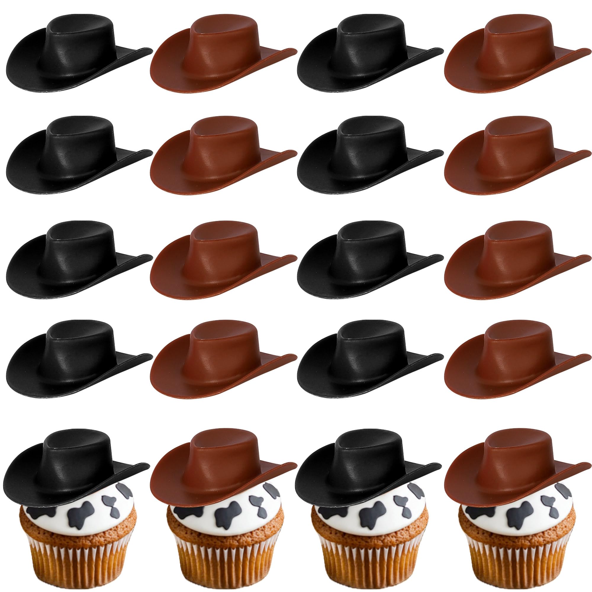 SYKYCTCY 20 Pack Plastic Cowboy Hat Cake Toppers Tiny Cowgirl Hat Cake Pick Disco Miniature Doll Hats Cake Decorations for Western Birthday Party Supplies