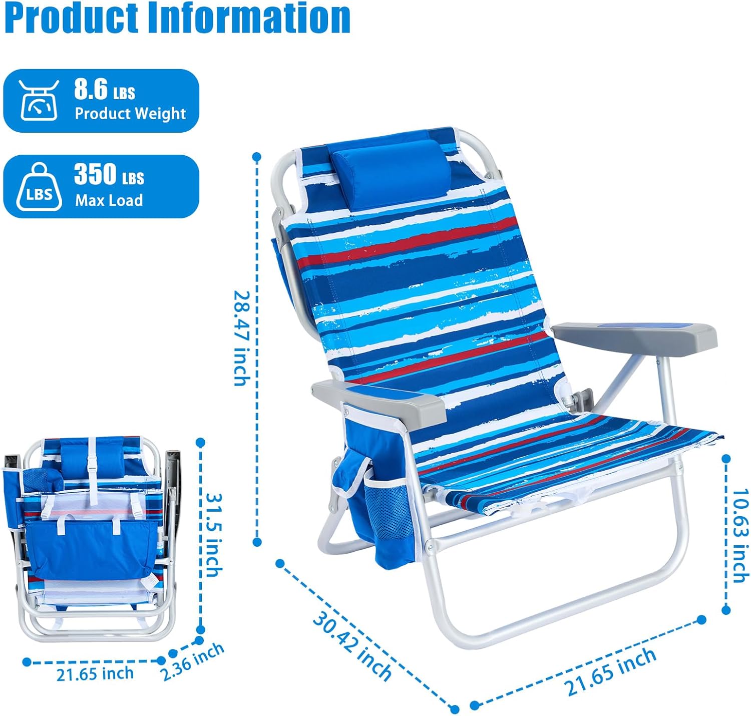 SUNNYFEEL Low Beach Chair 5 Position Lay Flat, Portable Folding Backpack Beach Chairs Heavy Duty with Cooler Bag, Cup Holder for Outdoor/Lawn/Picnic/Fishing, Foldable Camping Chair (New BlueStripe)