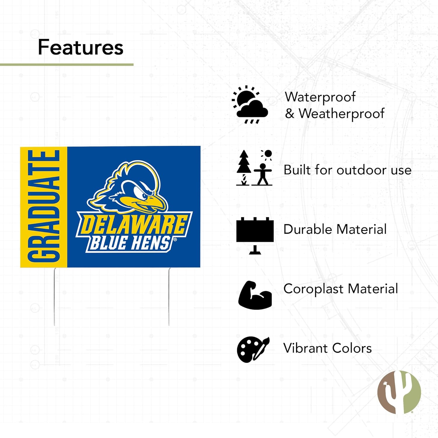 Desert Cactus University of Delaware Fighting Blue Hens 12x18" Graduate Graduation Celebration Yard Sign Graduates Outdoor Lawn Display with Stakes (Grad Sign 3)