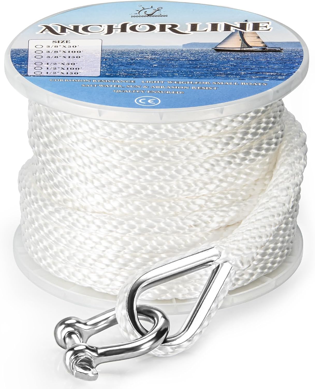 3/8 Inch x 50ft Boat Anchor Rope Premium Braided MFP Dock Line with Stainless Steel Thimble & Shackle Boat Mooring Line for Sailboats, Yachts, Fishing Boats