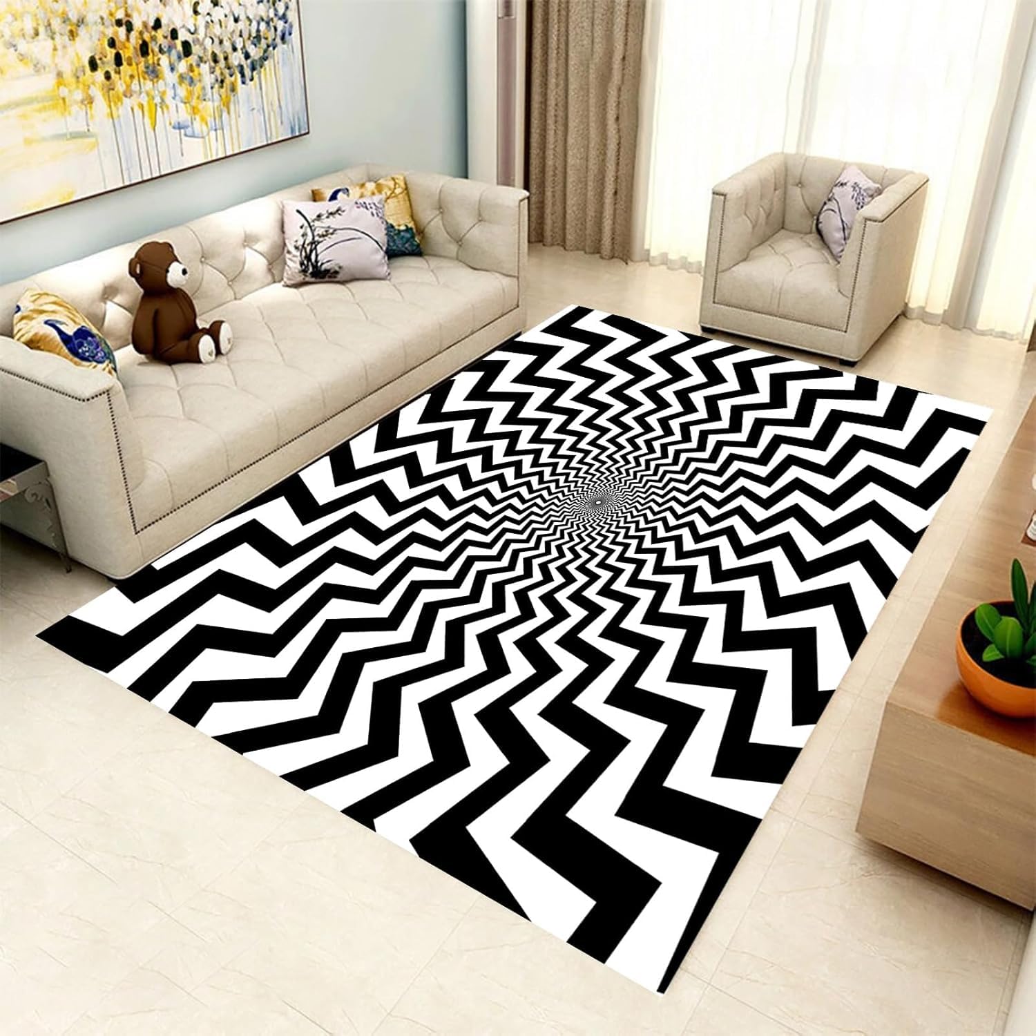 Tapis salon rayures géométriques 3D doux antidérapant et tapis de cuisine facile