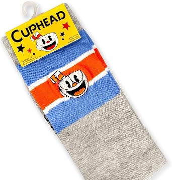 OFFICIAL Cuphead Striped Grey Crew Socks | Red, White, Blue Striped Socks | Perfect for Cuphead Fans