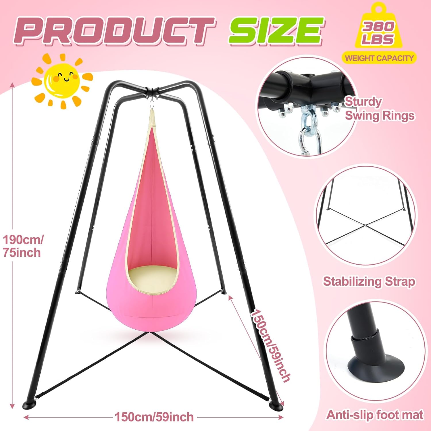 Sensory Swing Stand Frame with Pod Chair and Swings Set Kid Heavy Duty Metal Swing Stands Autism Hammock Chair Stand Tree Saucer Round for Kid Adult Indoor Outdoor Backyard Park(Pink)