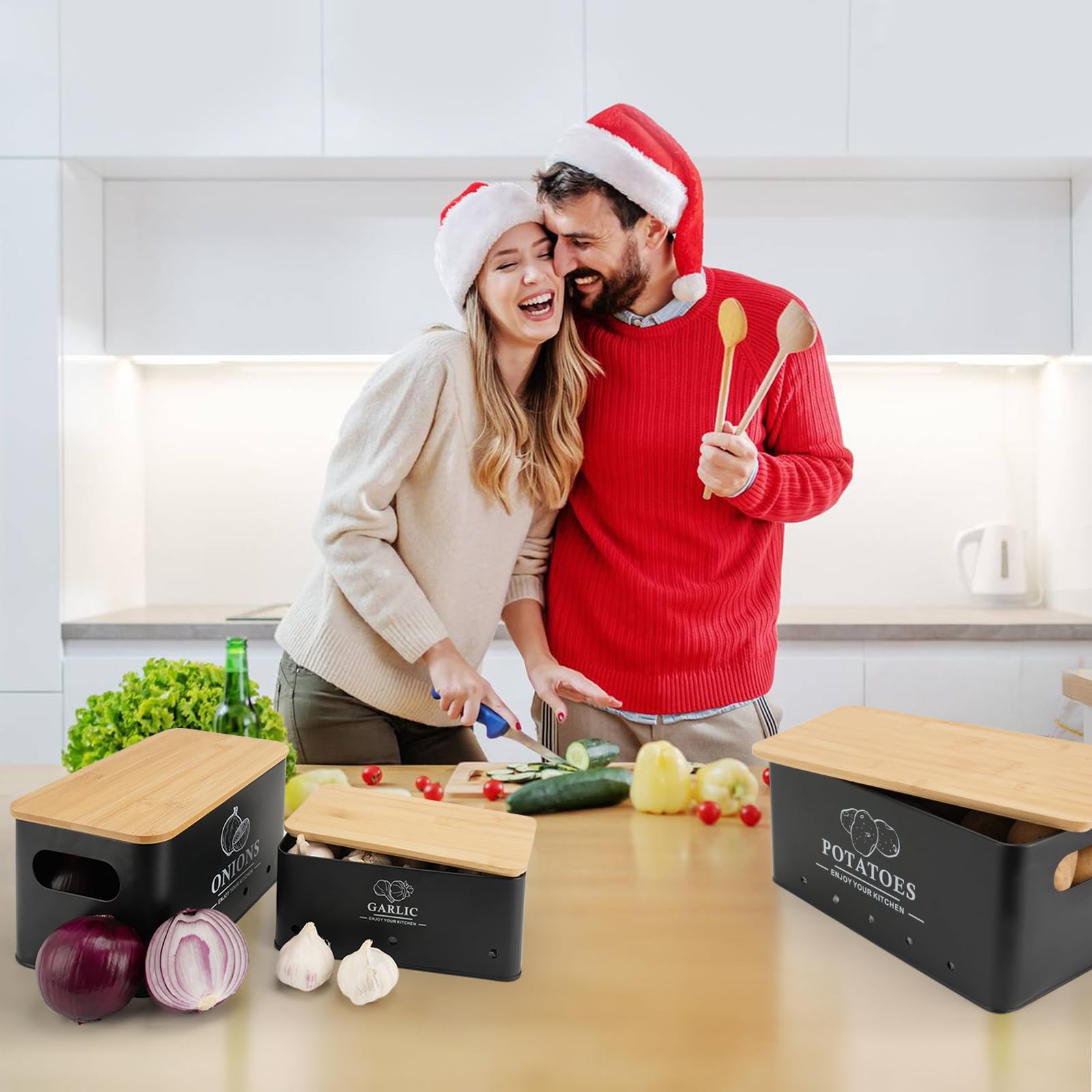 Küche Gemüse Aufbewahrung Set 3 Stück Metall Zwiebeln Knoblauch Kartoffel Aufbewahrungs-Set Küche Kanister Gemüse Behälter Behälter mit Belüftungslöchern und Holzdeckel (Schwarz)