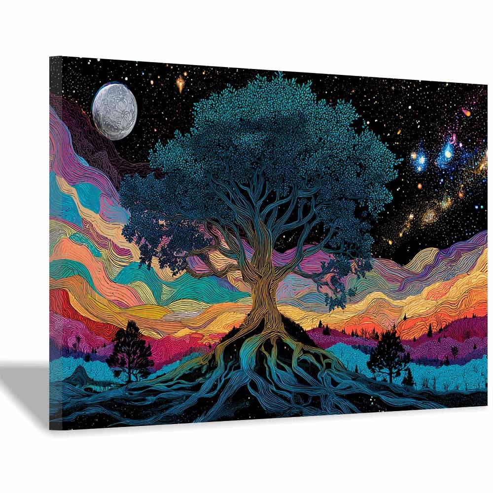 ZAMAEIU Tree of Life Painting Abstract Woven trees extend Panoramic Canvas Prints Pictures for Living Room Bedroom Home Office Wall Decoration(green)-70x100cm Framed