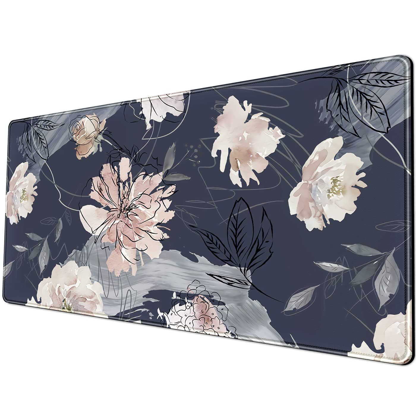 Mouse pad Gaming Mouse Pad (31.5x11.8 in), Large Non-Slip Rubber Base Mousepad with Stitched Edges, Waterproof Keyboard Mouse Mat Desk Pad for Work Blue and Grey Pink White Peony