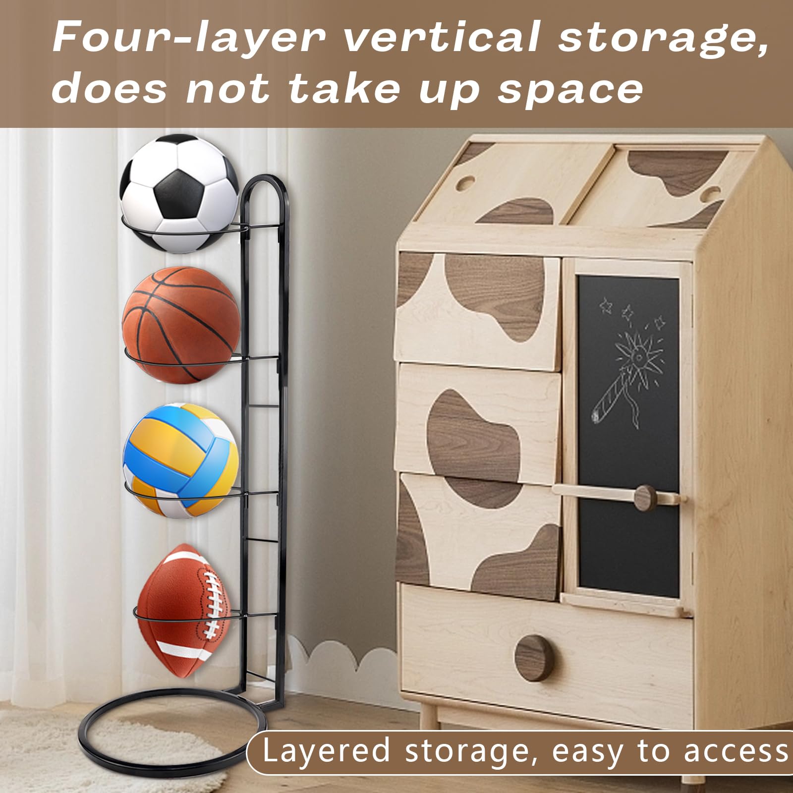 Soporte para pelotas de pie, 4 niveles, soporte para bolas, soporte para bolas, soporte para pelotas (extraíble, negro), adecuado para fútbol, baloncesto, voleibol y rugby