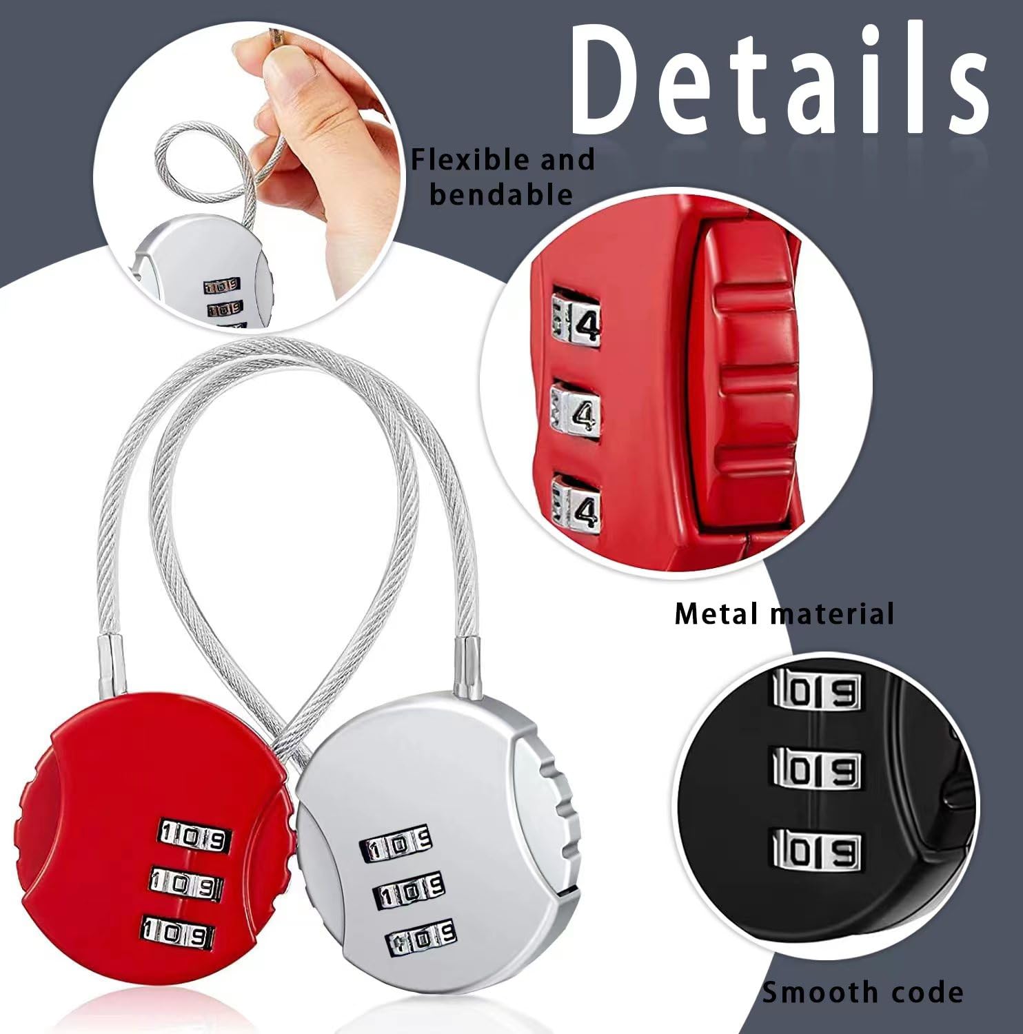 woojfcang 4 Pcs Small Number Locks Zinc Alloy Combination Padlocks 3 Digit Security Cord Padlocks Code Lock Weatherproof Travel Cable Combination Lock for Gym Locker Luggage Suitcase - Image 4