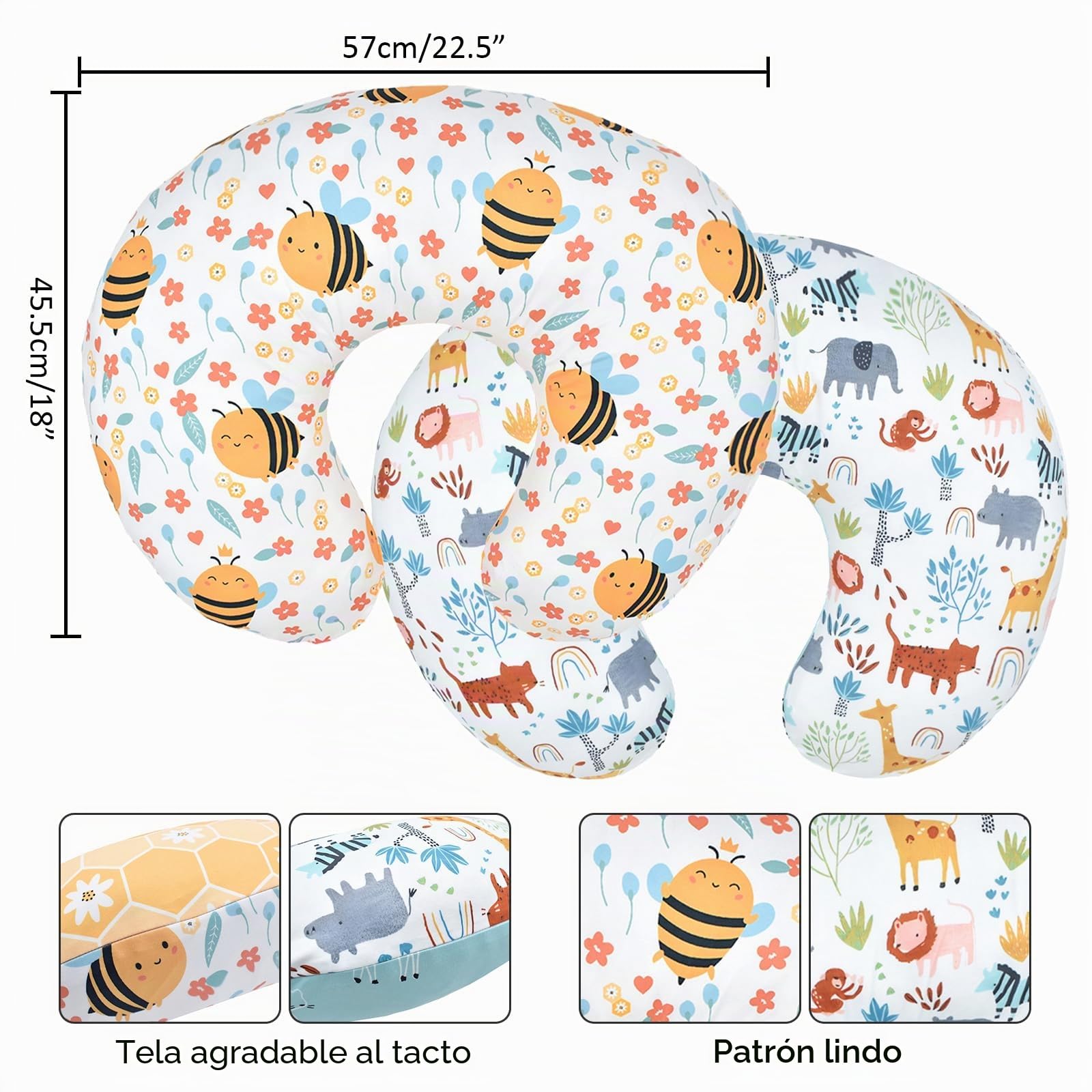Winmany Paquete de 2 Fundas Almohada Lactancia para bebé recién Nacido en Forma U Lactancia Materna Funda cojín elástica reemplazable con bosques y Flores 22.5 x 18 Pulgadas (Abeja + Animales)