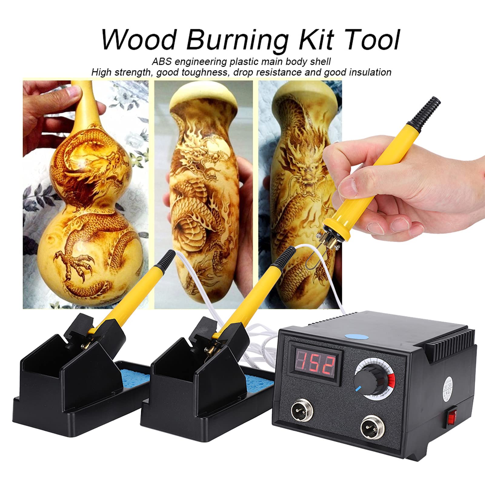 Kit de quema de madera de doble pluma Pantalla digital de temperatura ajustable Kit de pluma de pirograbado profesional con 30 puntas de alambre, máquina de artesanía ardiente para madera(EU)