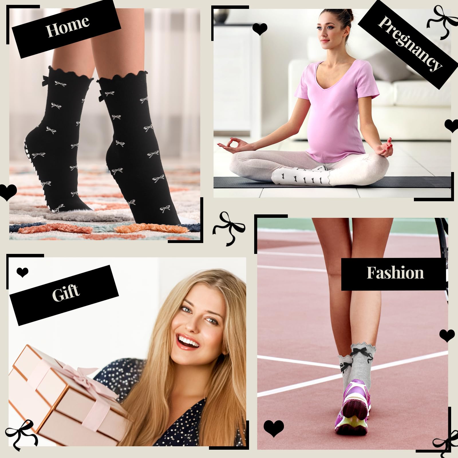 Coquette - Calcetines de pilates con lazo negro para mujer, transpirables, con volantes, puños con volantes, antideslizantes, calcetines atléticos, color blanco y negro, nailon satinado con