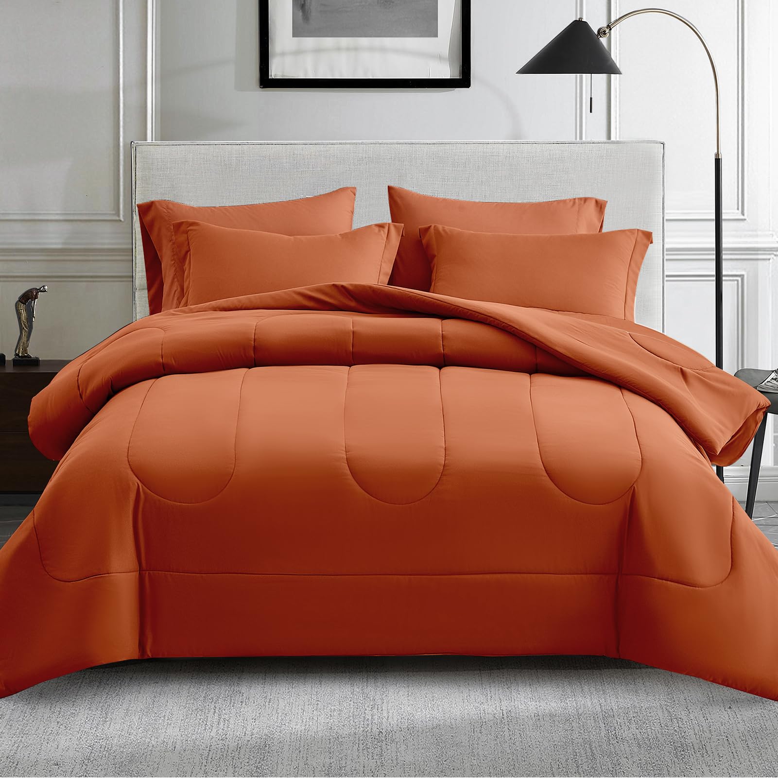 Maple&Stone Queen Size Comforter Set 7 Pieces Bed in a Bag - Down Alternative Bed Set with Sheets, Pillowcases & Shams, Soft Reversible Duvet Insert for Queen Bed, Burnt Orange