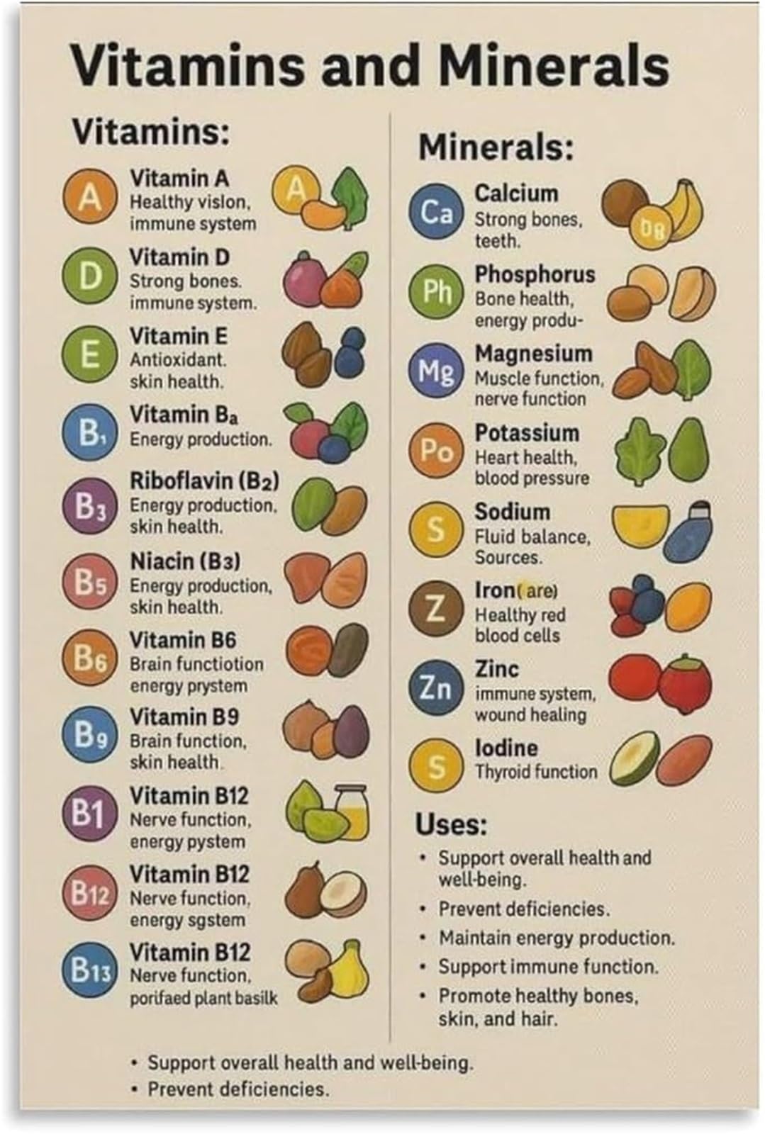 PKNVKZIDK Modern Vitamin And Chart Canvas Print Wall-Art for Kitchen and Breakfast Nook Decor Framed,12x18inch(30x45cm)