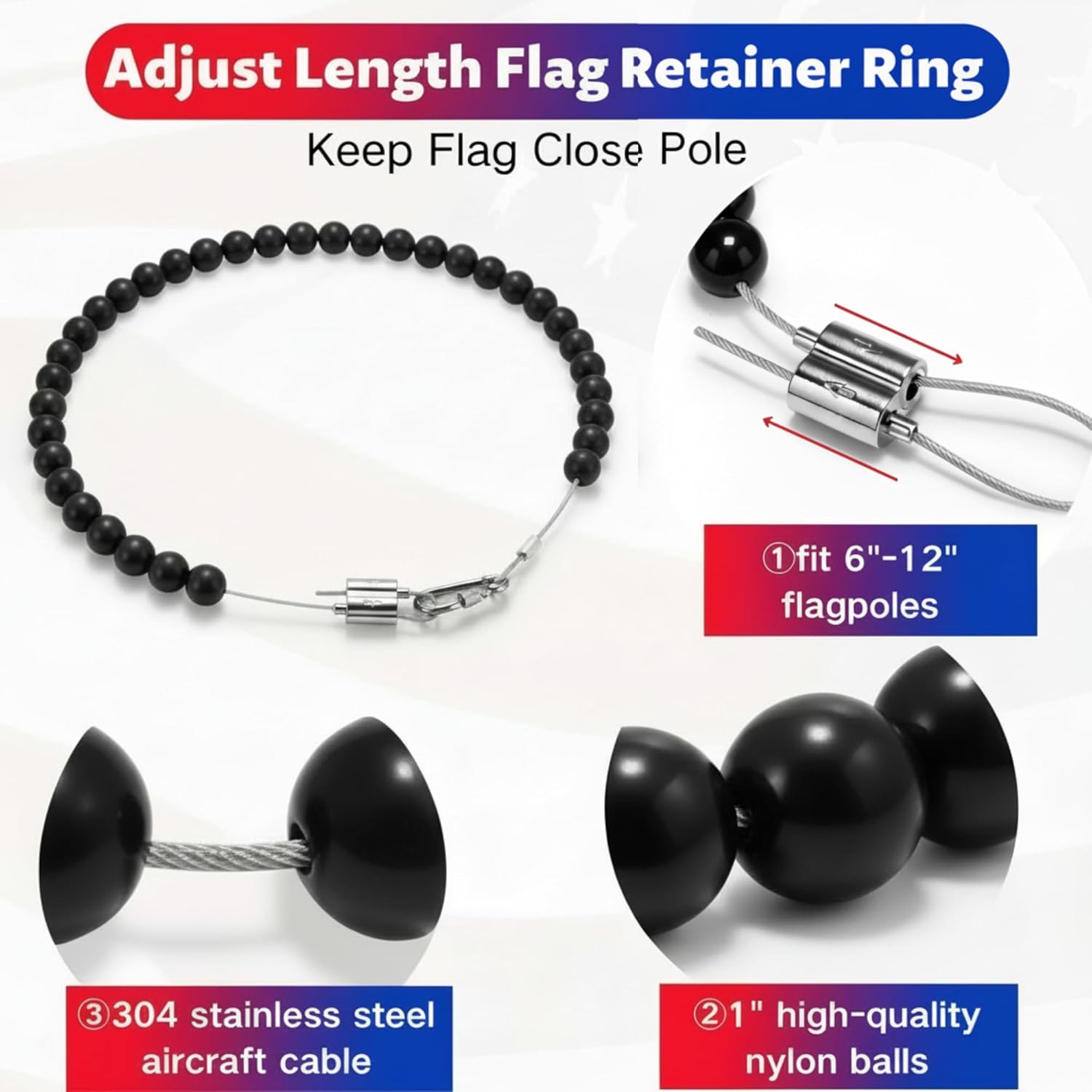 3/8”100Ft Flag Pole Rope Kit, Polyester Halyard Flag Rope with 2 Pcs 3.5”Stainless Steel Swivel Snap Hooks & Adjust Length Flag Pole Retainer Ring, Marine Grade Flag Pole Accessories Replacement Kit