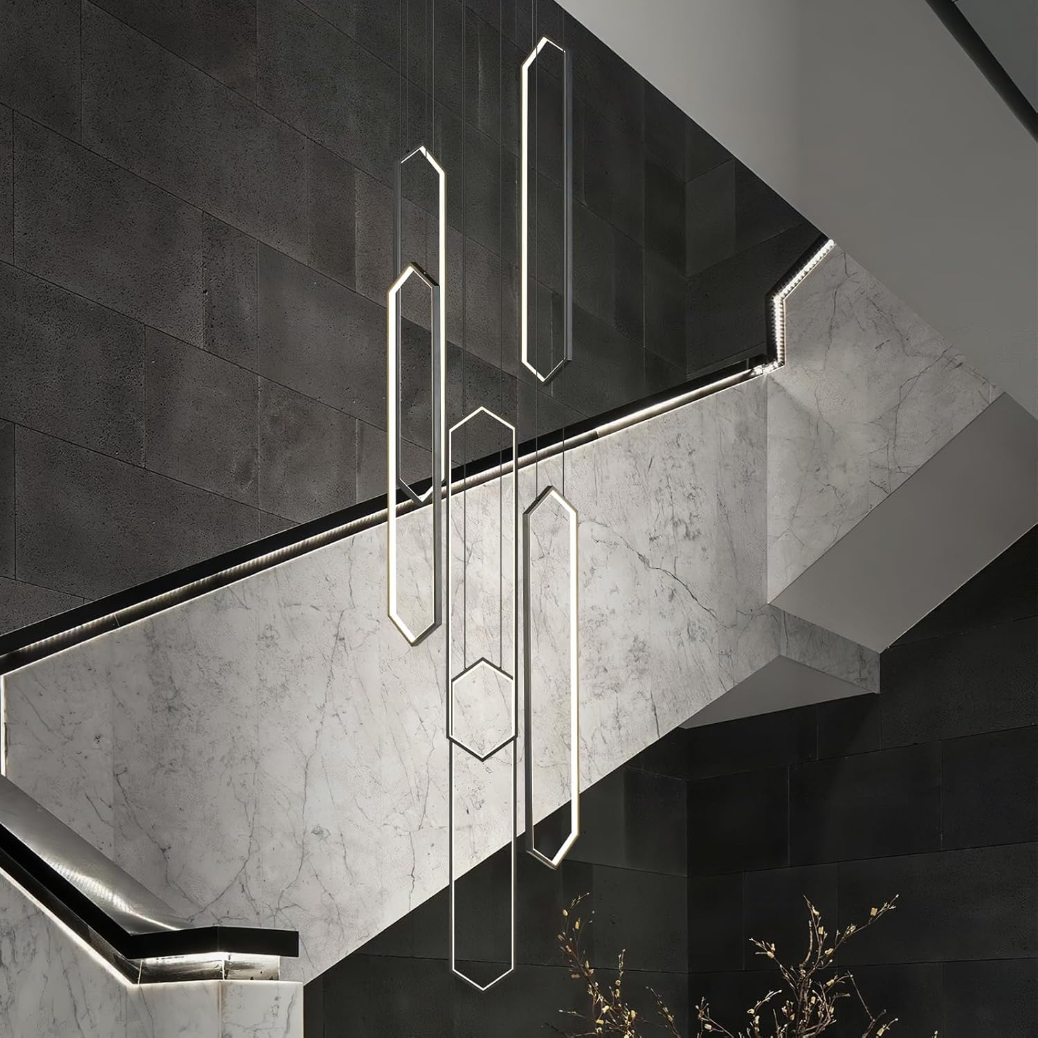 Modern Adjustable Height Chandelier Black 4000K LED Pendant Lights 6 Rings Rectangular Celling Light Staircase Large Chandelier for High Ceilings Foyer Entryway