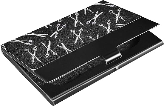 Metal Business Card Holder for Men Women, Hair Stylist Hairdressing Scissors Print Business Card Case Pocket Card Holders Stainless Steel Name Card Holder Box Credit Card Carrier