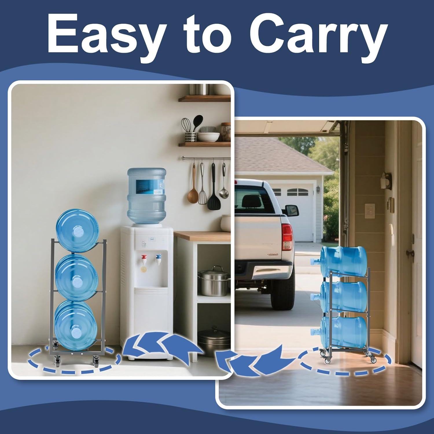 5 Gallon Water Jug Holder with Wheels: 5 Gal Water Bottle Storage Rack Stand for Home Kitchen Office Gym Garage (3 tier)