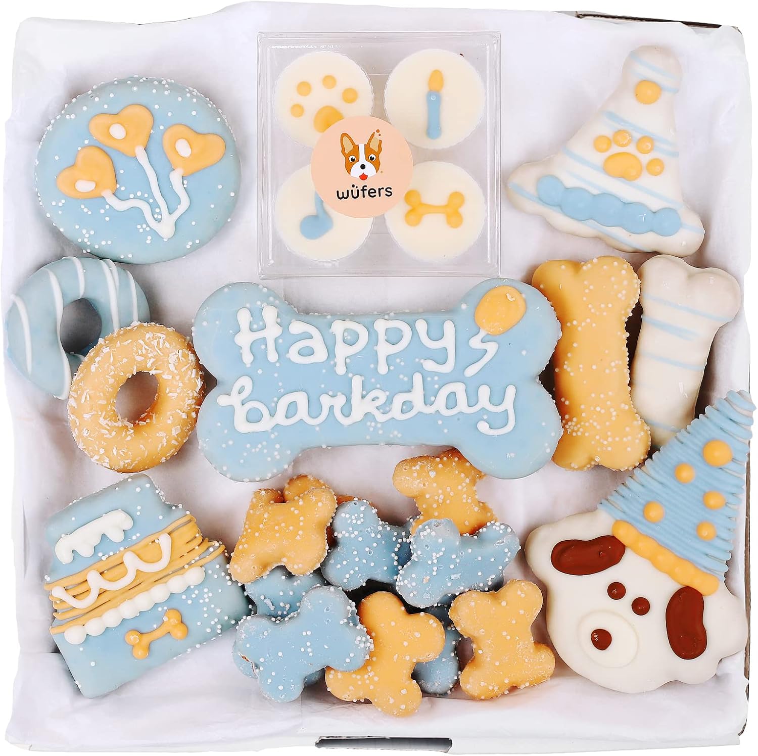 WÜFERS Dog Birthday Boy Dog Cookie Box | Handmade Hand-Decorated Dog Treats | Dog Gift Box Made with Locally Sourced Ingredients | 10+ Cookies