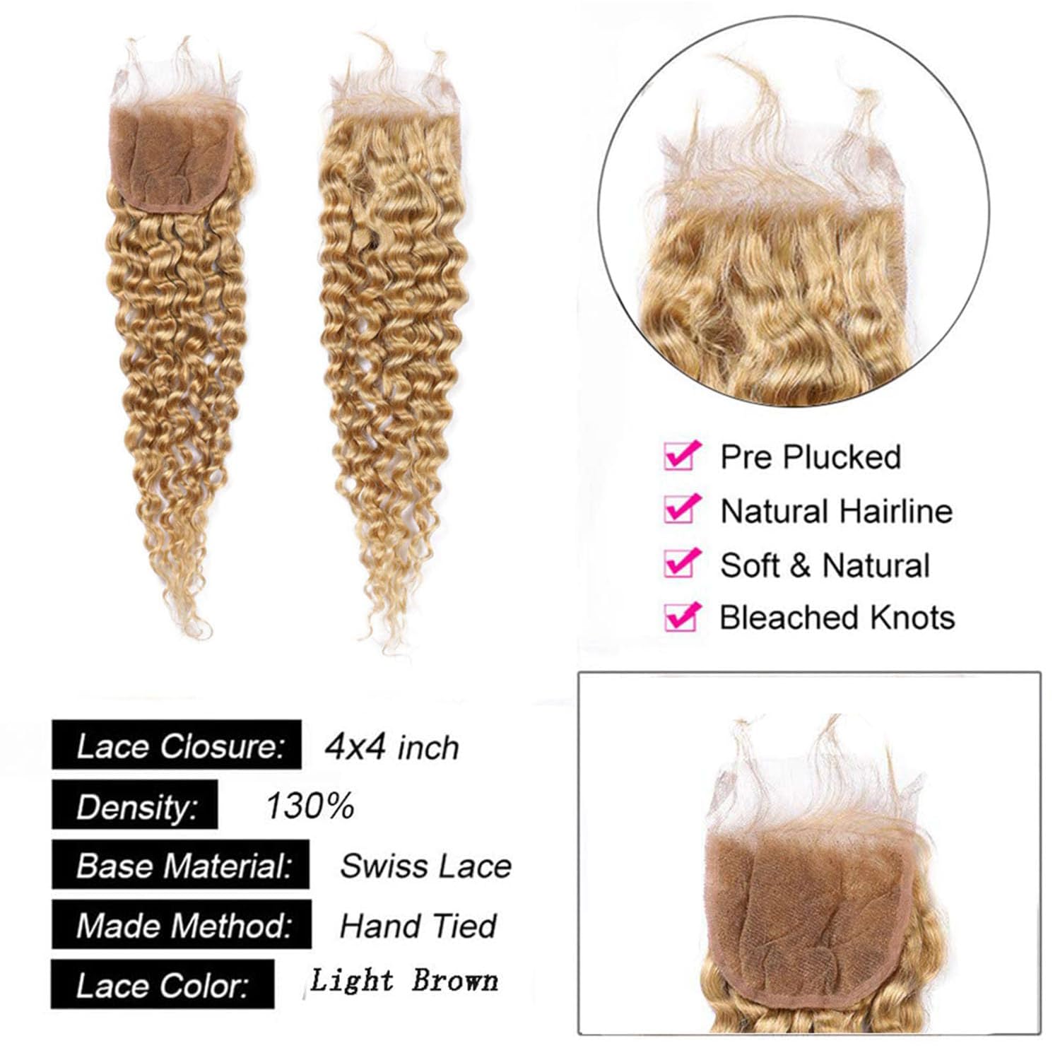 Honey Blonde Curly Human Hair Closure 4X4 Hd Transparent Lace Closure Wet And Wavy Curly Honey Blonde 100% Unprocessed Brazilian Virgin Human Hair 18 Inch