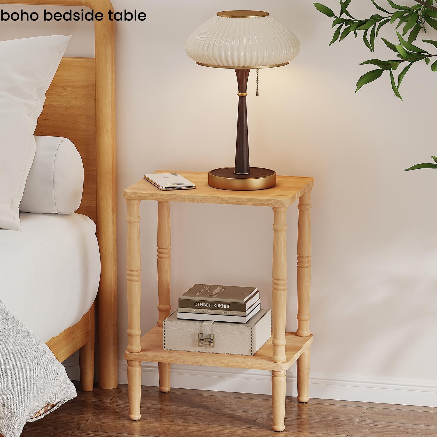 LUCKNOCK Solid Wood Side Table, Small Vintage End Table, Narrow Couch Side Table with Storage, Skinny Nightstand Bedside Table for Small Spaces, Bedroom, Living Room, Farmhouse, No-Tool Assembly.