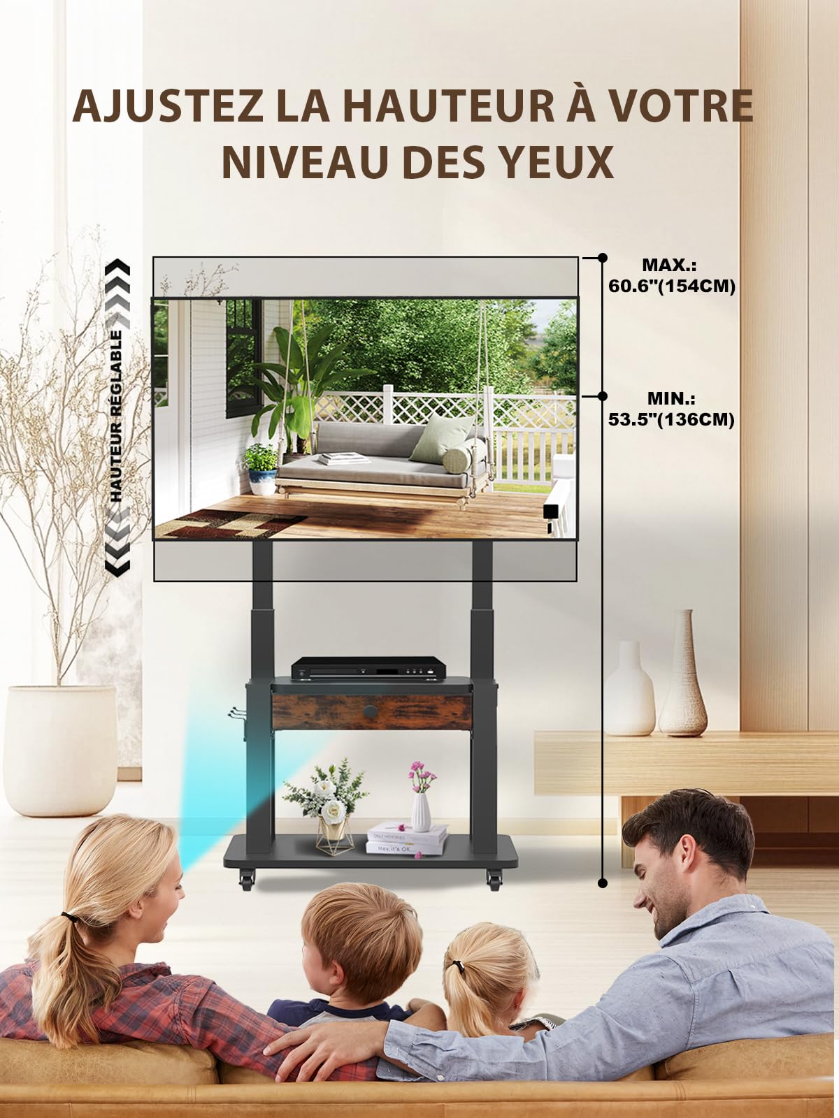 Maiproo Meuble TV sur roulettes avec tiroir en Tissu pour écrans Plats/incurvés de 32 à 75 Pouces, Hauteur réglable, LCD/LED/OLED, avec Espace de Rangement, Chariot TV Mobile sur Roues jusqu'à 100 kg