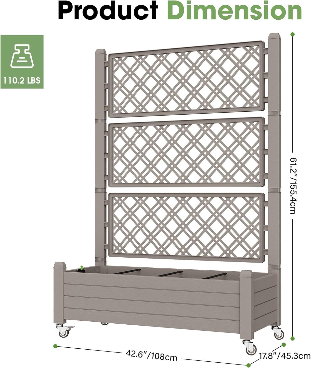 Fancyango Raised Garden Bed with Trellis and Wheels, Resin Planter Box with Trellis with Drainage Holes & Water Monitor, Privacy Planters for Patio for Climbing Plants, Gray(2 Pack)