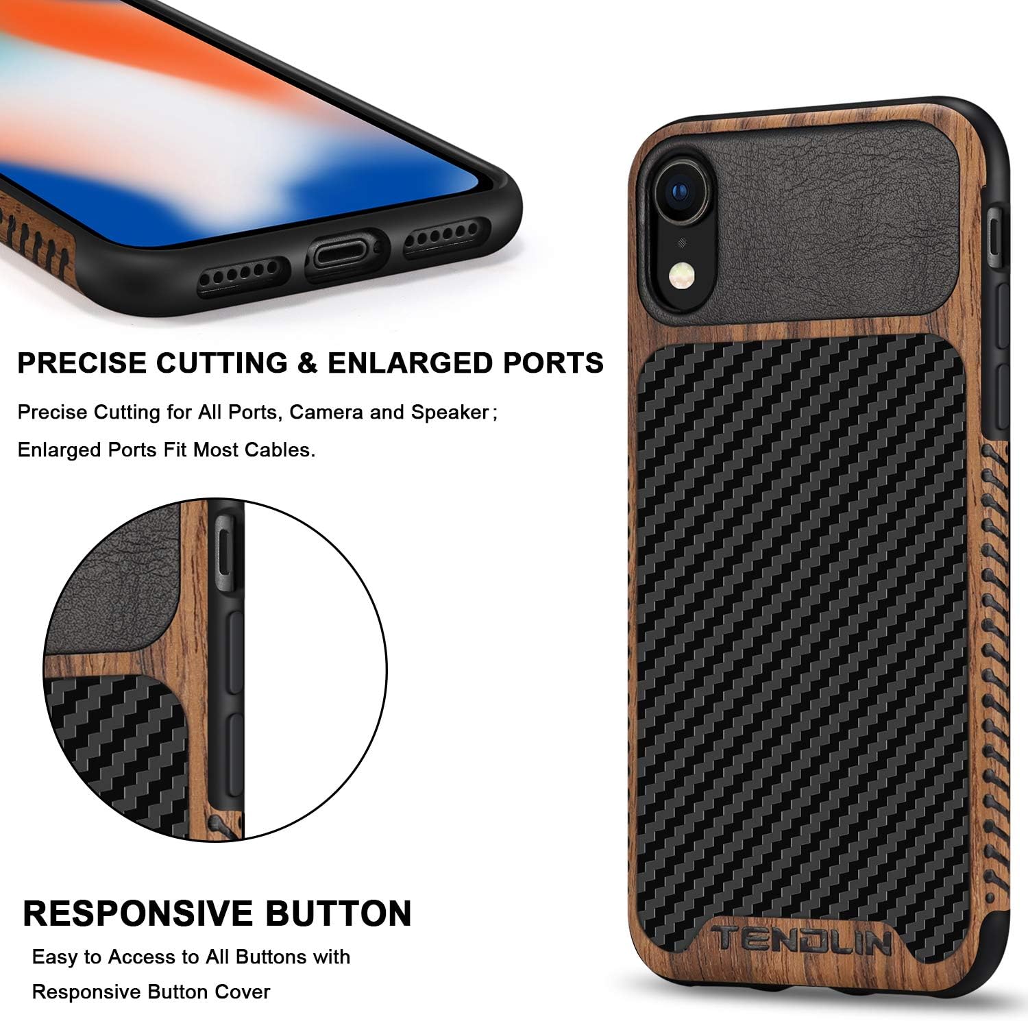 TENDLIN Compatible with iPhone XR Case Wood Grain with Carbon Fiber Texture Design Leather Hybrid Slim Case Compatible with iPhone XR (Carbon & Leather & Wood)