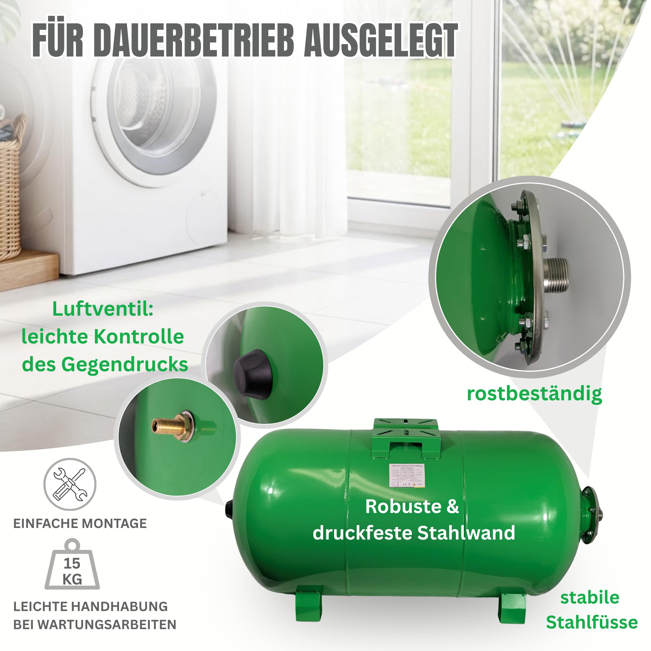 CHM Membrankessel 150 L horizontal, 10 bar, Trinkwasser, Butyl-Membran | Ausdehnungsgefäß/Druckkessel für Hauswasserwerk & Druckerhöhungsanlage, Anschluss 1" AG, Stahlkessel, austauschbarer Membran