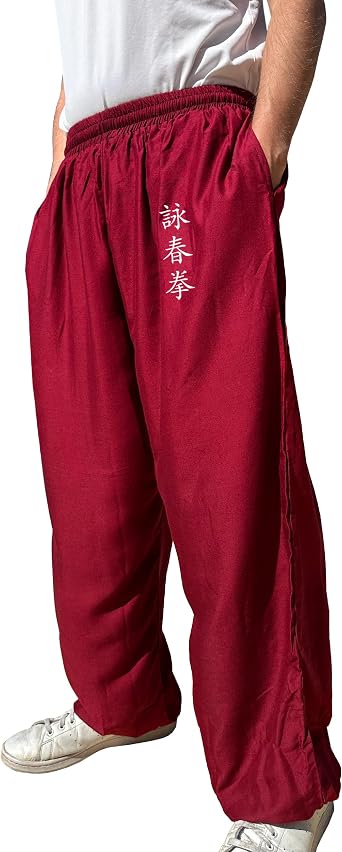 TAO MARTIAL Kung Fu Pants Wing Chun Tai Chi Style with Pockets, Loose Pant Rayon V3 WC Burgundy, Size L