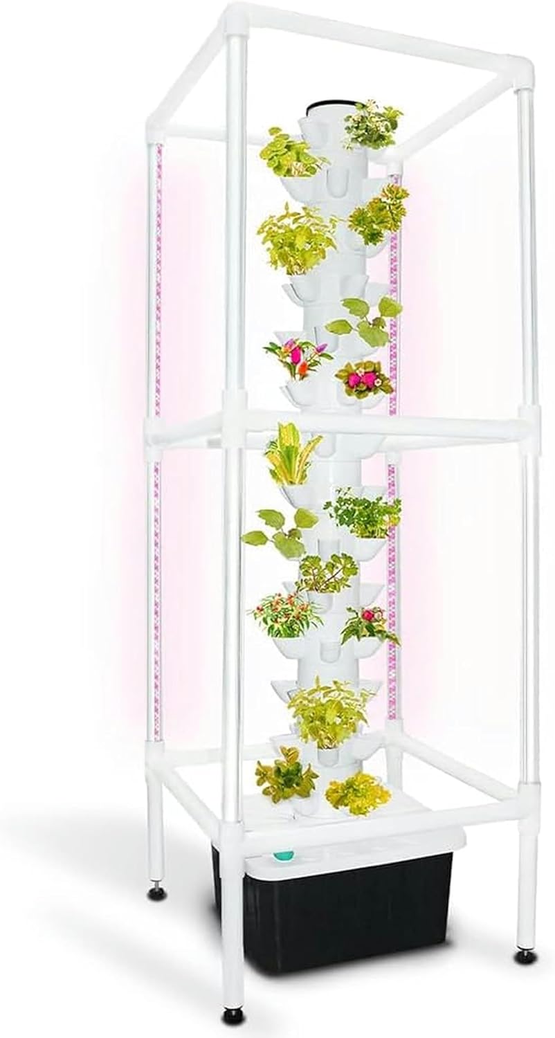 Garden Hydroponics Growing System 45 Pods Smart Garden Planter Vertical Hydroponics Tower with LED Timed Grow Light, Germination Aeroponics Growing Kit with Hydrating Pump,Adapter,Net PotsTimer
