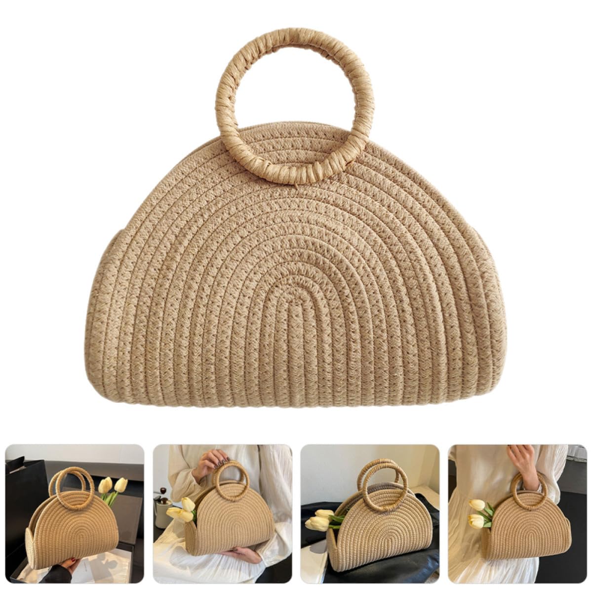 Borsa da Spiaggia Design Rustico e Trama Delicata Intrecciata a Mano in Corda di Cotone, Capiente e Portatile per Picnic Estivi