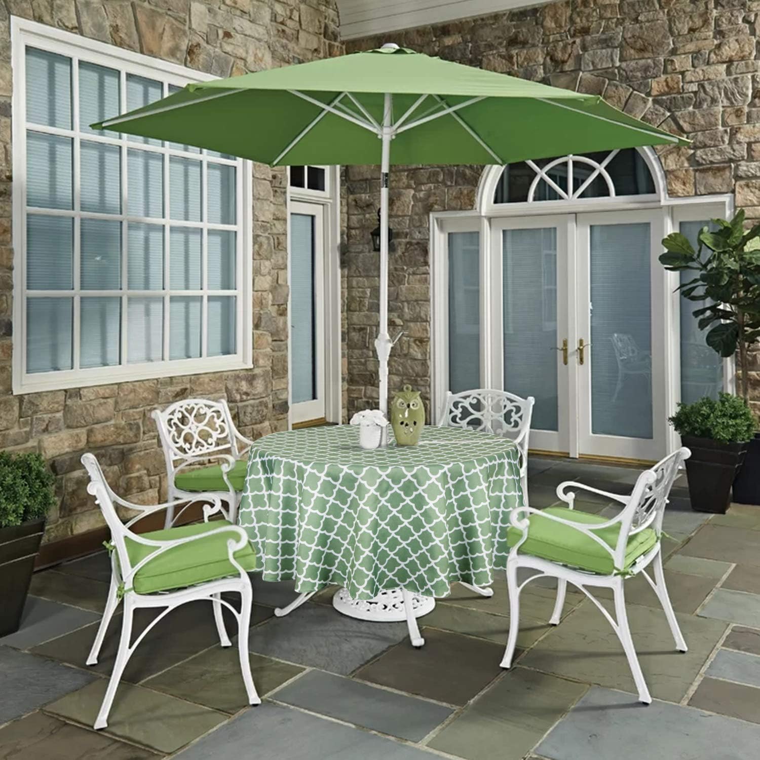 ColorBird Elegant Trellis Outdoor Tablecloth Waterproof Spillproof Polyester Fabric Table Cover with Zipper Umbrella Hole for Patio Garden Tabletop Decor, 60" Round, Zippered, Green