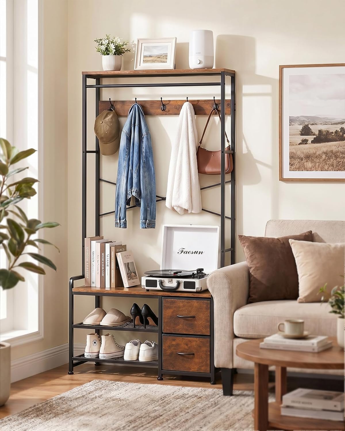 Faesun Hall Tree with Bench and Shoe Storage, Coat Rack, 5-in-1, 31.5" Entryway Bench with 2 Fabric Drawers, Mudroom Bench with Storage and Hooks, Rustic Brown