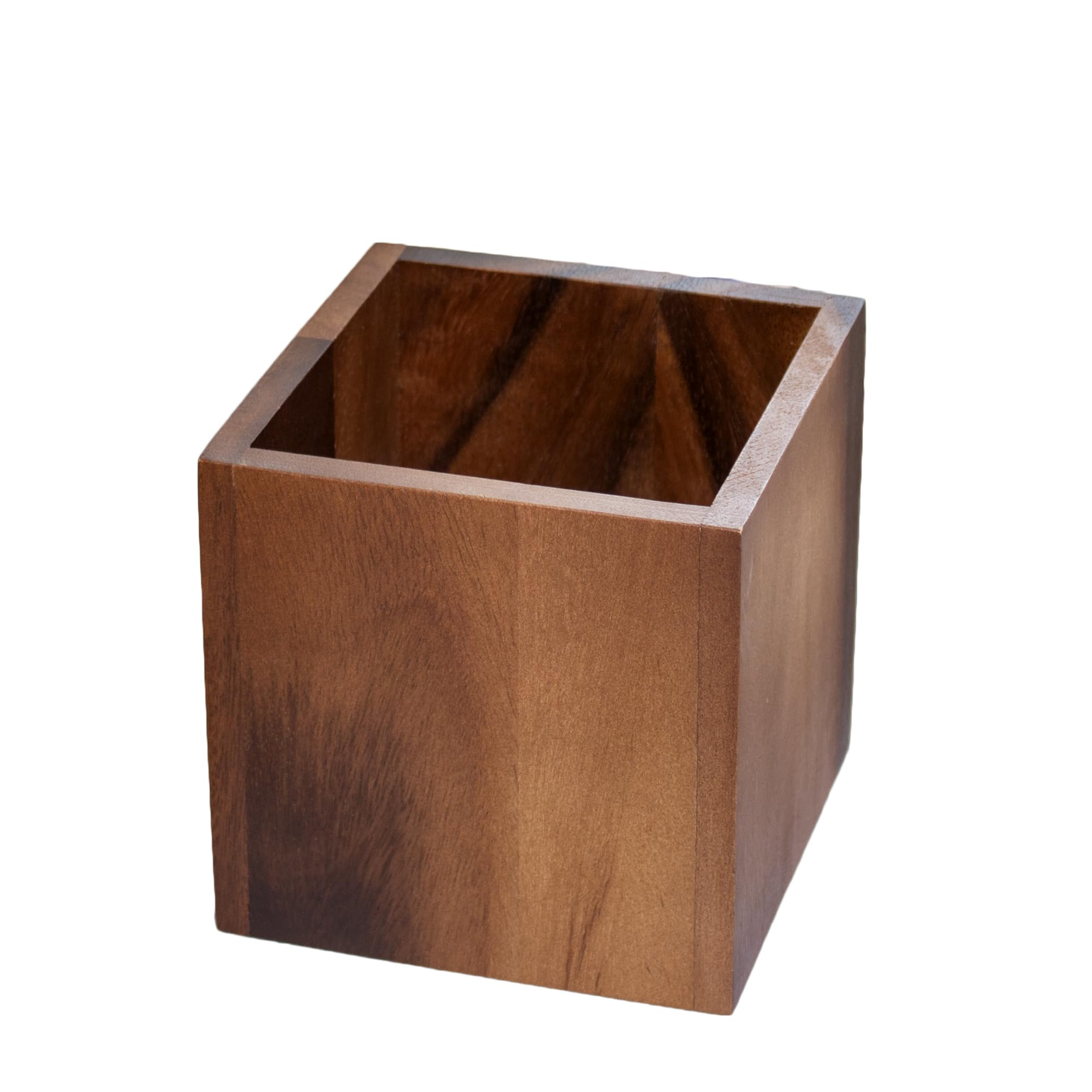 Darthome Dark Brown Acacia Wood Utensil Holder 12.5X12.5x12.5cm Square Kitchen Storage Pot Dining Table Cutlery Caddy