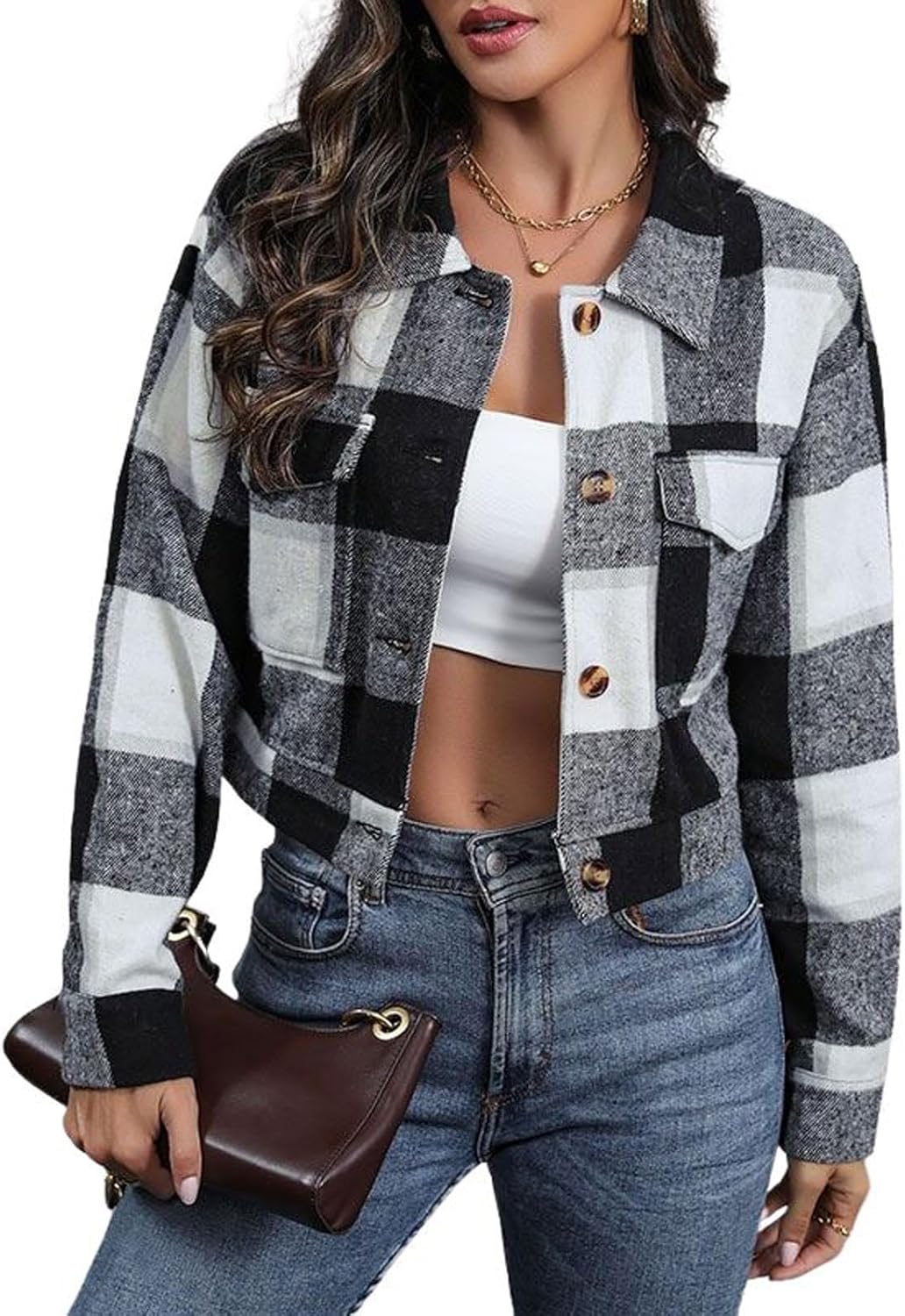 utcoco Womens Cropped Plaid Shacket Jacket Button Down Long Sleeve Flannel Shirts 2025 Fall Coat Tops