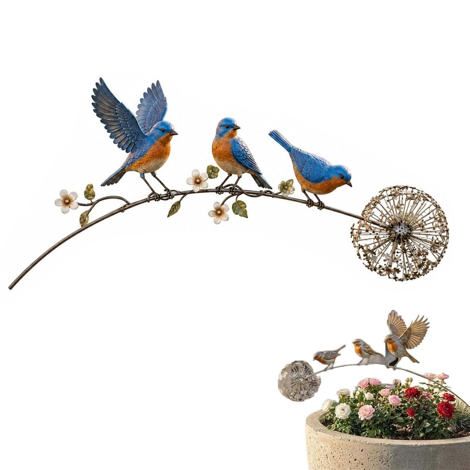 Szoziank Robin Garden Stake, Metal Robin Garden Ornament, Rustic Robin Bird Yard Art Decorations with Dandelion Accent, Metal Robins Bird Garden Sculpture, for Lawn Patio Flower Bed and Backyard