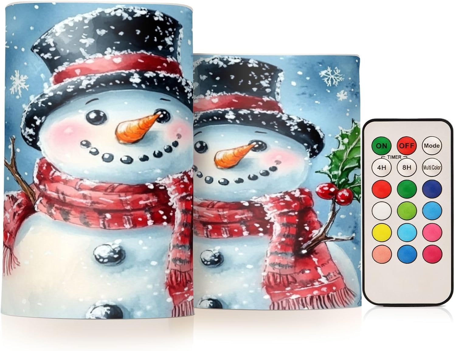 ALAZA Cute Smiling Snowman Flameless Candles, LED Pillar Candles with Remote Timer, Battery Operated Candles Set of 2