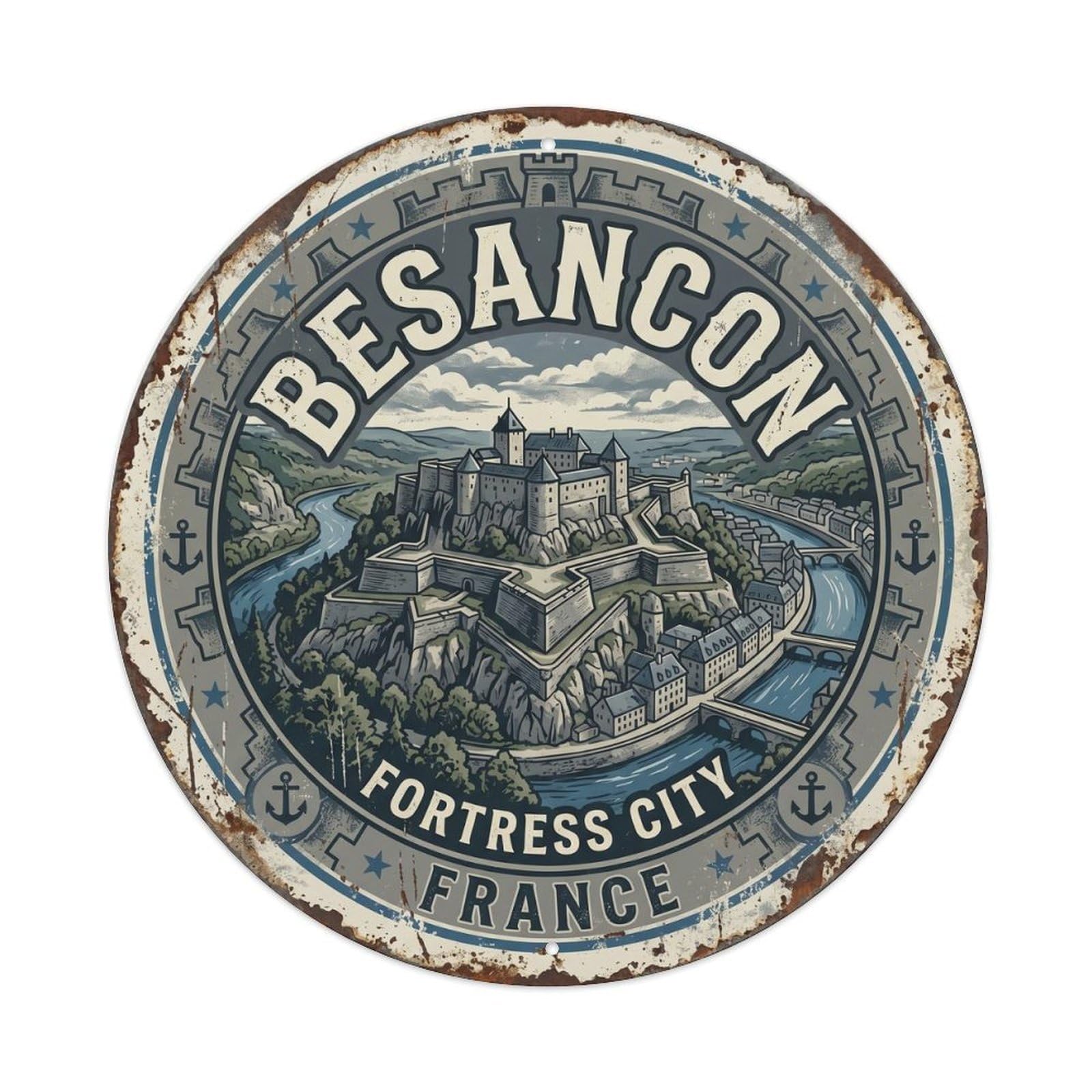 Vintage Travel Besancon Citadel Fortress Metal Tin Sign Plaque Wall Decor for Cafe, Club Bar, Office, Home Garden Round Metal Poster 8x8Inch