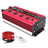 Power Inverter with 4 AC Outlets, LCD Display, Wireless Remote Control, Car Power Inverter for Car, RV, Truck, Off Grid Solar System, Camping (Red, 12V-2000W)