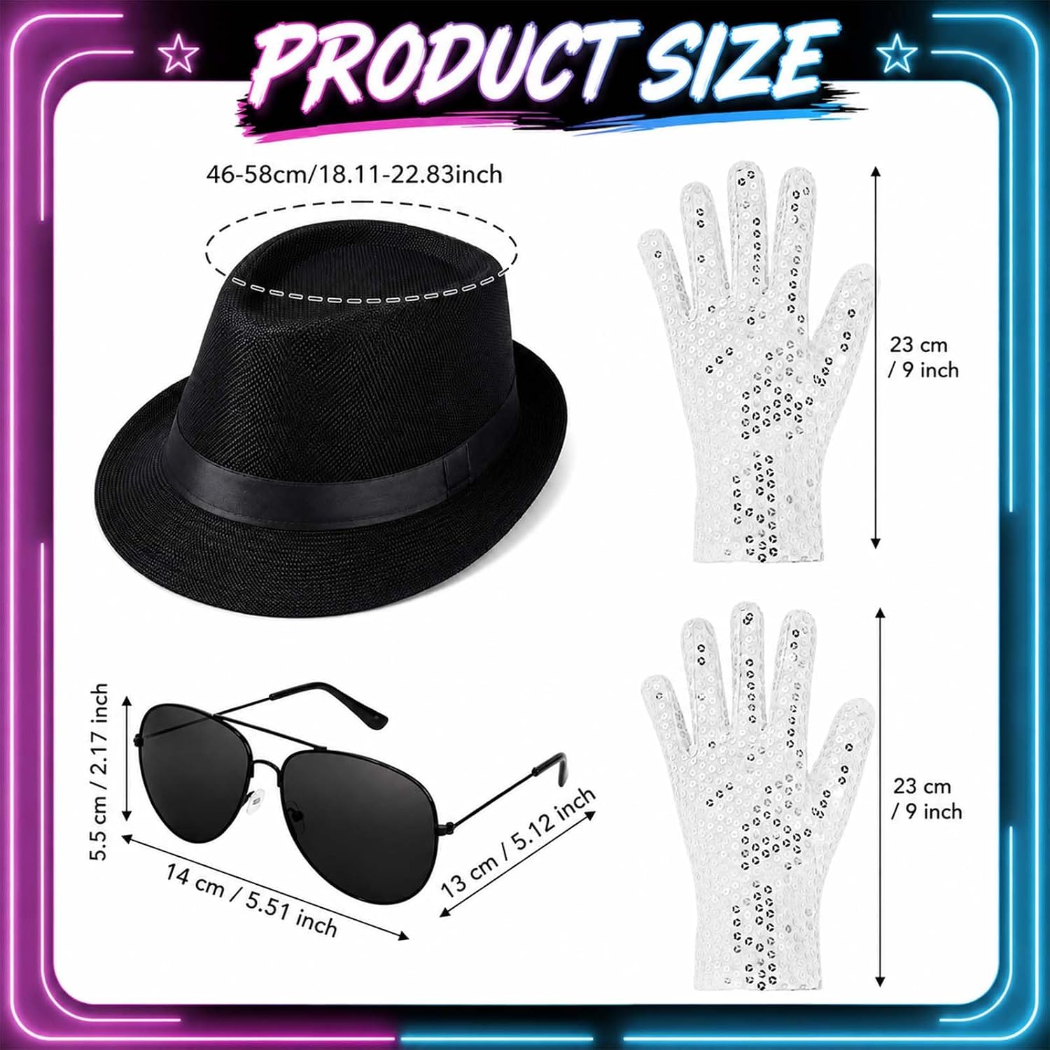 6 Pcs Pop Star Costume Accessories for Adults 80s 90s Rock Superstar Outfit with Black Fedora Hat Wig Sequin Gloves Sunglasses Headset Mic Armband Set for Halloween Party Fancy Dress