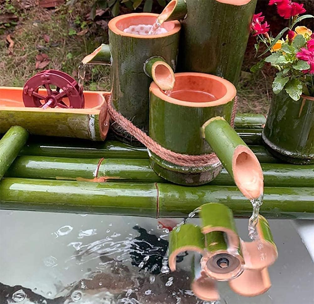Bamboo Fountain, Waterscape Bamboo Fountain Decoration Spout Plug-in Electric Pump, Feng Shui Wheel Crafts Artwork Garden Decoration for Outdoor (70cm) (70cm) ()