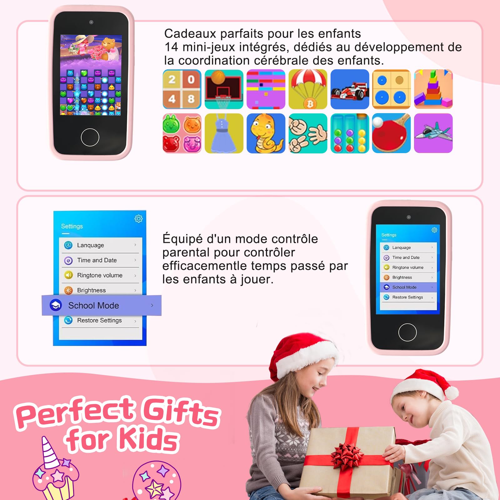 Téléphone Portable pour Enfants, Smartphone Enfant Jouets Enfant de 3, 4, 5, 6, 7 et 8 Ans avec Double Caméra d'enfants 2,8 Pouces Jouet éducatif Cadeau pour Filles de 3 à 8 Ans