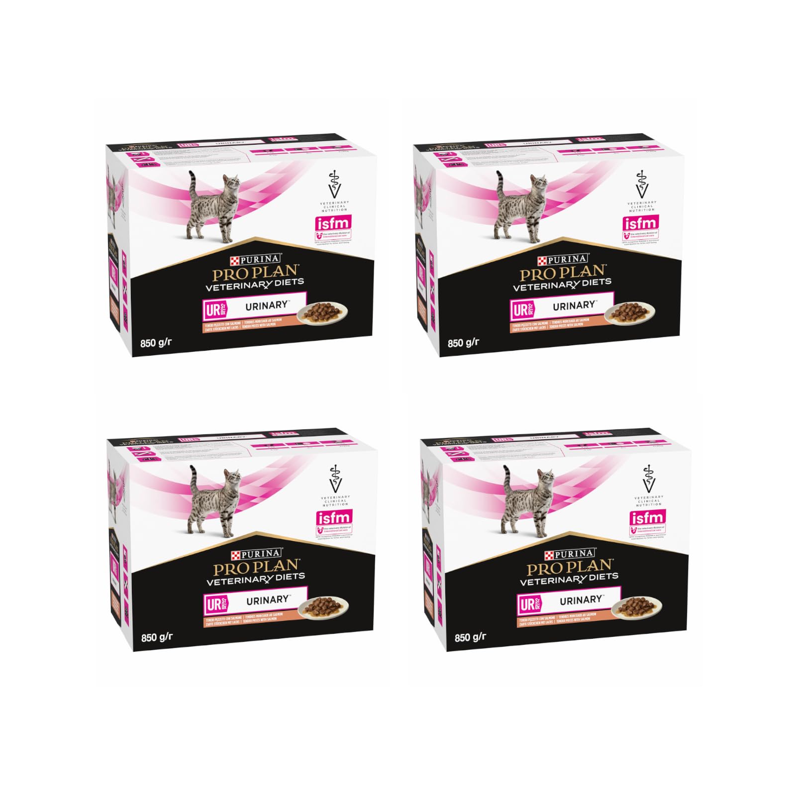 pro plan Veterinary Diets UR St/Ox Urinary Salmon, Pack de 4, 4 x 10 x 85 g, Alimento dietético para gatos adultos, Puede contribuir a la disolución de piedras de estruvita