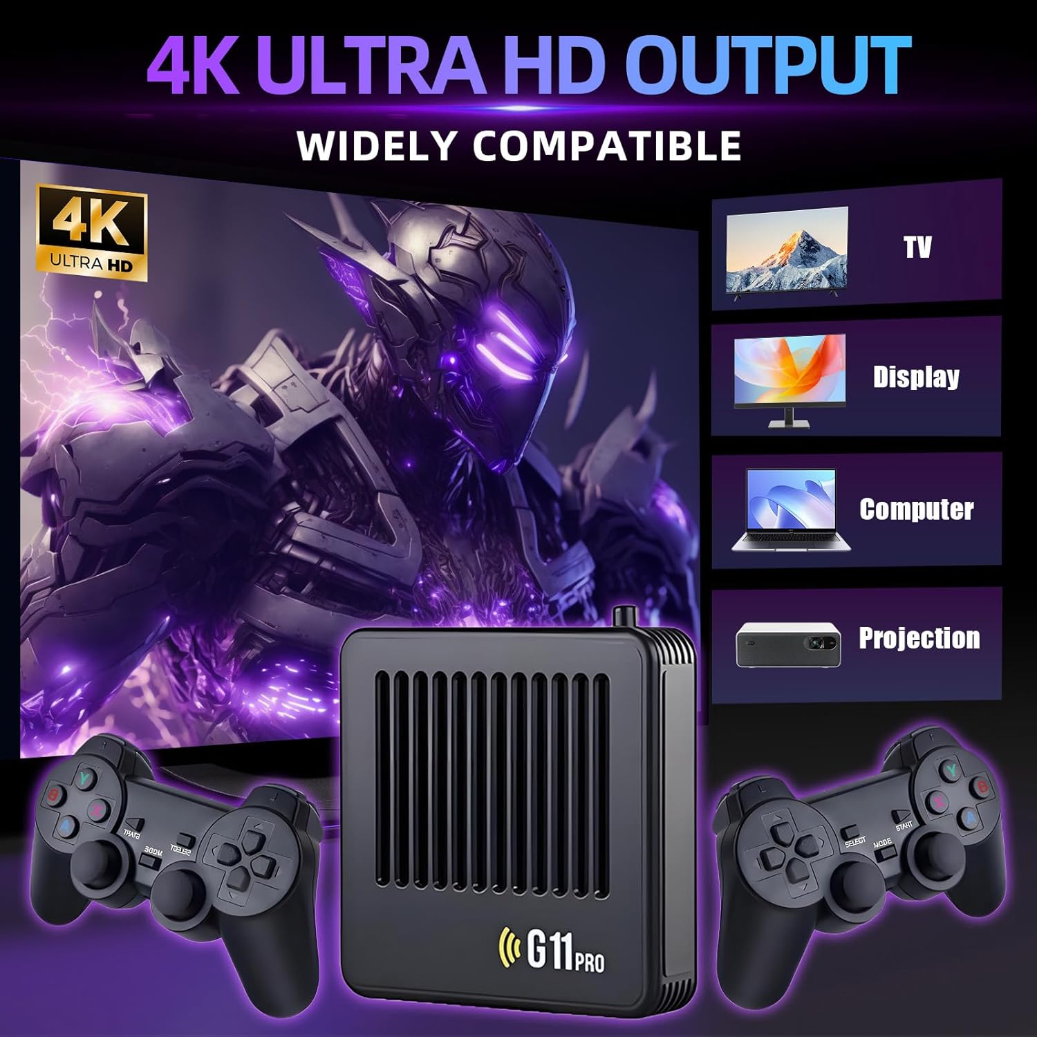 G11 Pro Game Box ports: ON/OFF, Power, AV, HDMI, LAN, USB1, USB2, SD Card slot, AUX