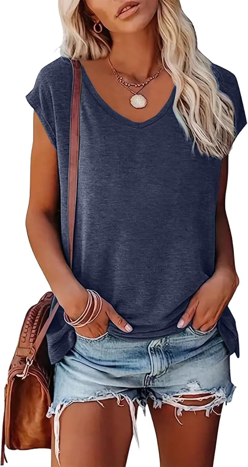 BLACKMYTH Women's Summer V-Neck T-Shirts Cap Sleeve Tees Solid Color Casual Basic Tops