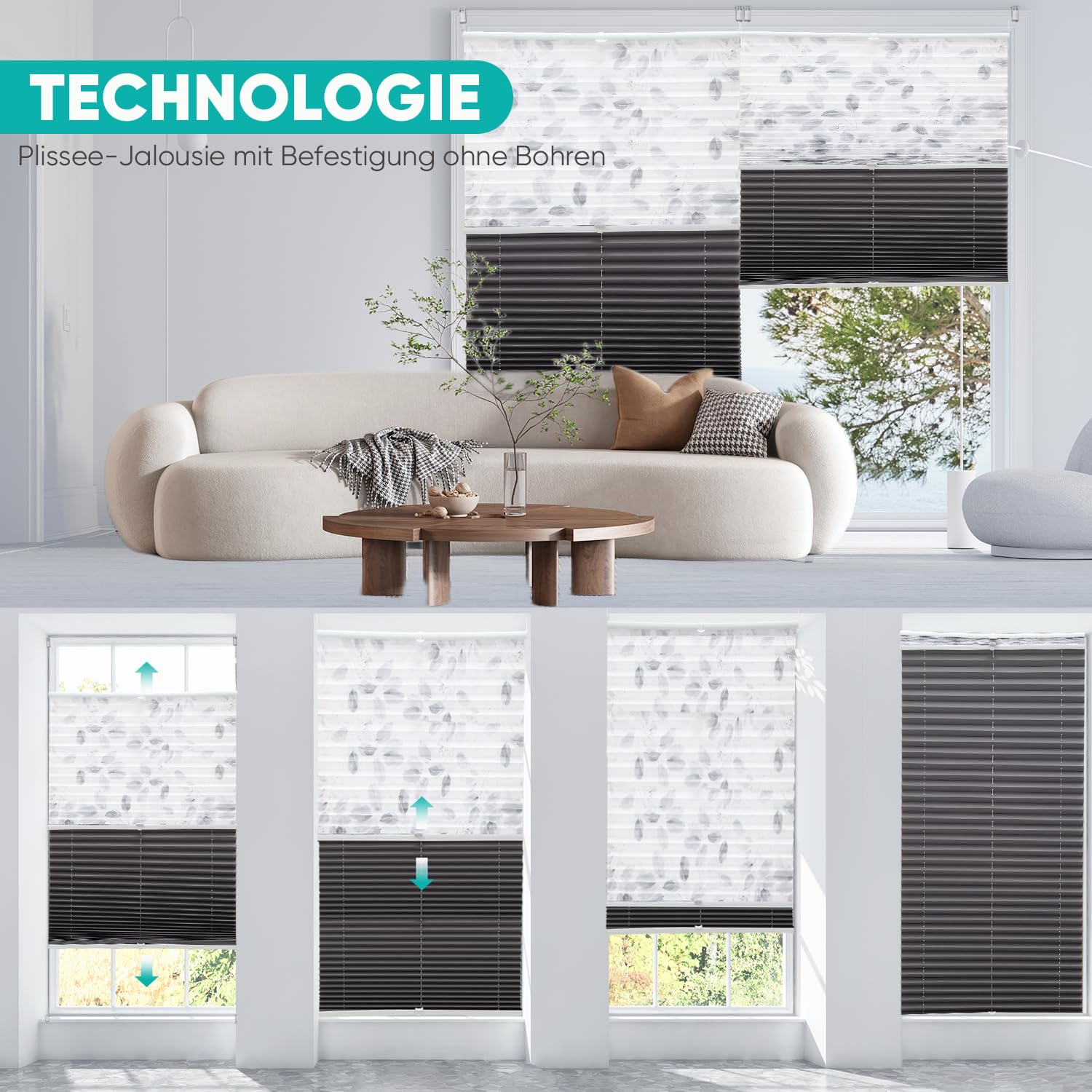 Sekey Plissee Day+Night Doppelplissee Verdunkelung ohne Bohren verspannt Lichtschutz 80x200cm Druck+Dunkelgrau – Bild 6