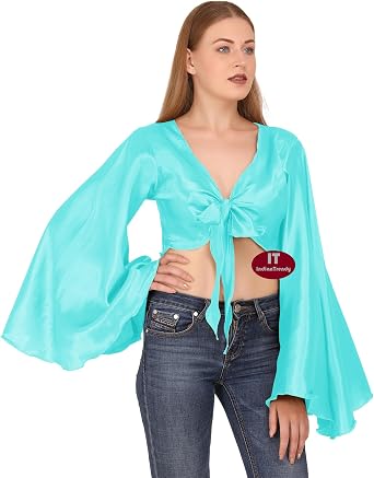 Indian Trendy Womens Satin Flair Wrap Tie Top Choli Blouse Belly Dance Gypsy