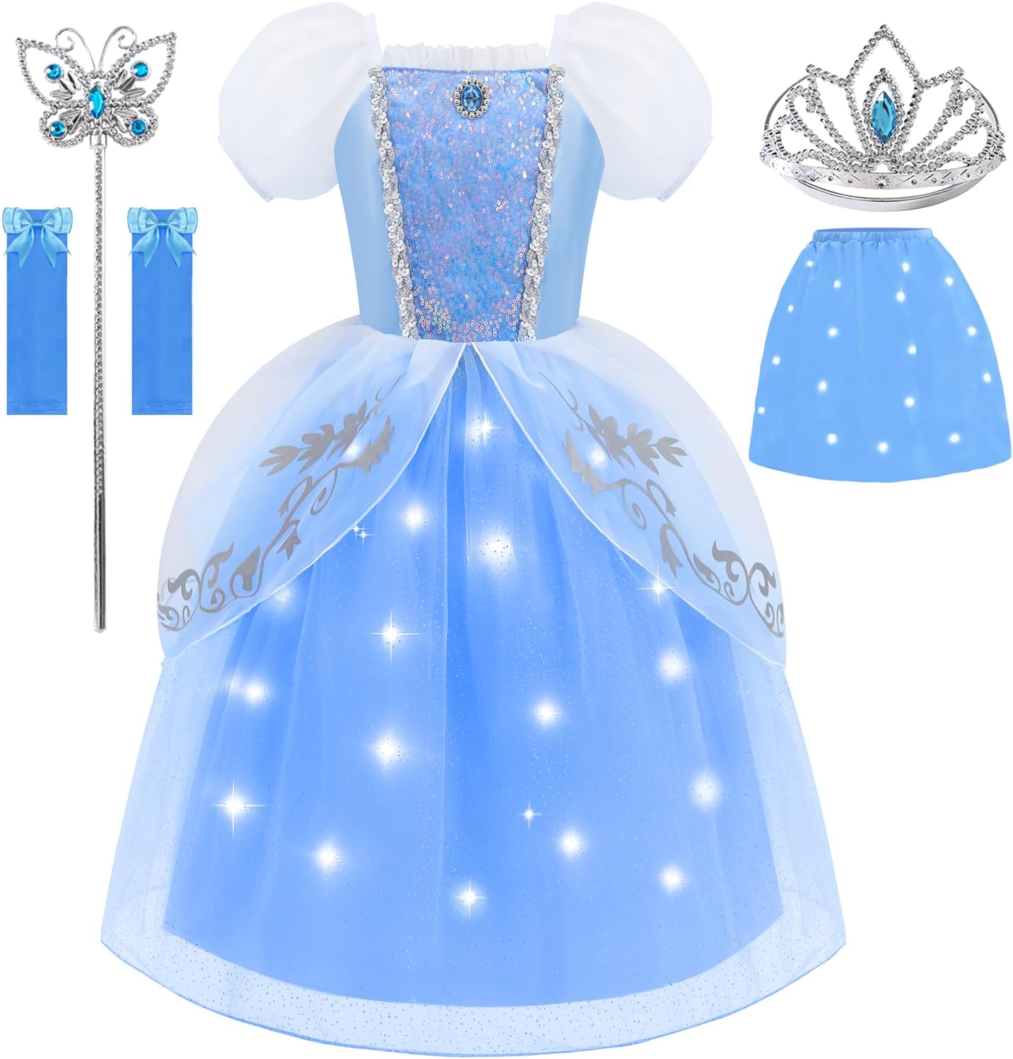 Princess Light Up Dress for Girls Blue Puff Sleeves Princess Costume Fancy Dress Up for Halloween Cosplay Carnival