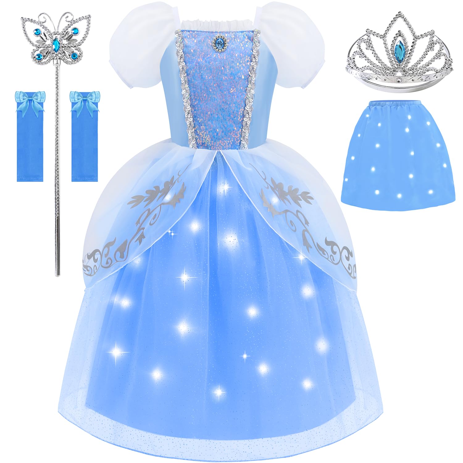Aolliya Princess Light Up Dress for Girls Blue Puff Sleeves Princess Costume Fancy Dress Up for Halloween Cosplay Carnival