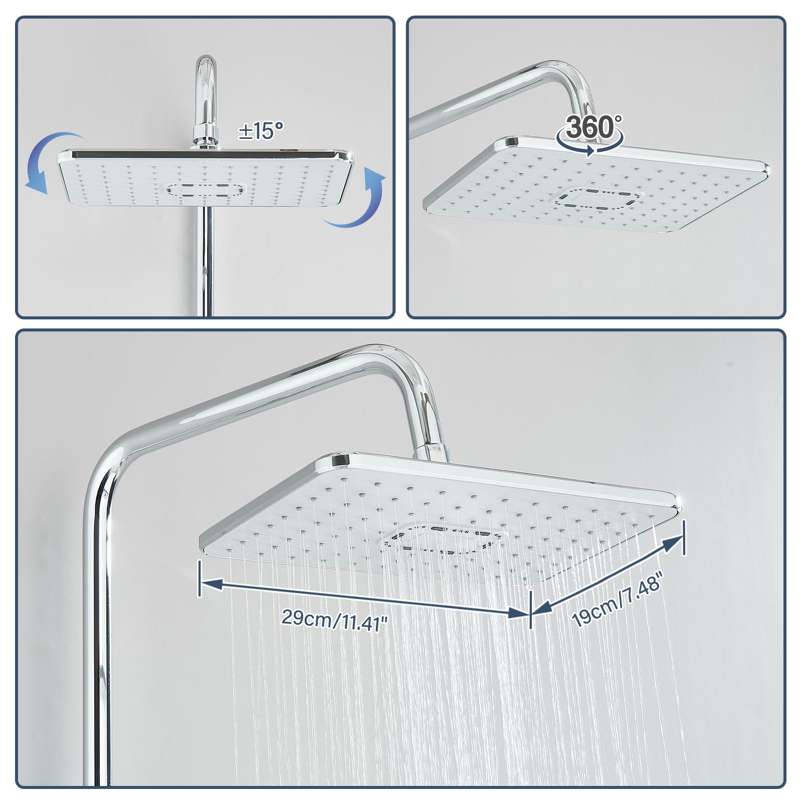 Colonne de Douche sans Mitigeur Chromé Acier Inoxydable Ensemble de Douche avec Carrée Douchette und Pommeau de Douche 29x19cm Salle de Bain